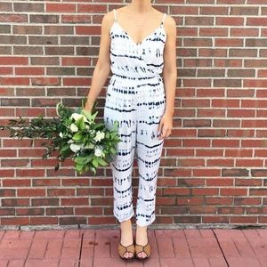 Anthropologie white jumpsuit with indigo Tye-dye-ish detail
